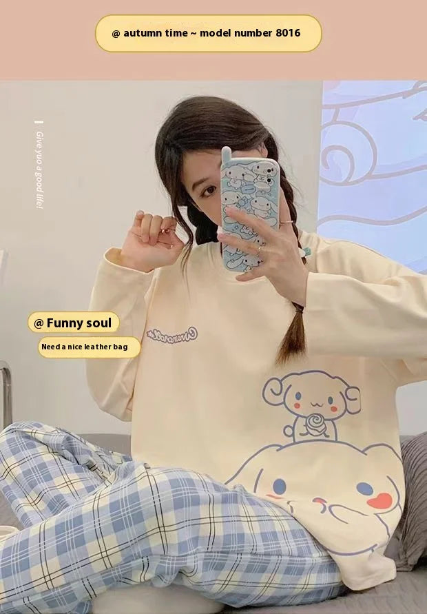 Spring and Autumn New Women's Thin Section Pajamas Homewear Suit Girls Summer Long-Sleeved Homewear Plus Size Cartoon Loose Suit