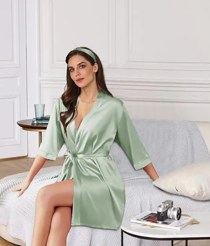 2Pcs Womens Floral Kimono Robe Silk Robes Bride Bridesmaid Satin Robes Bridal Dressing Gown Silky Bathrobe