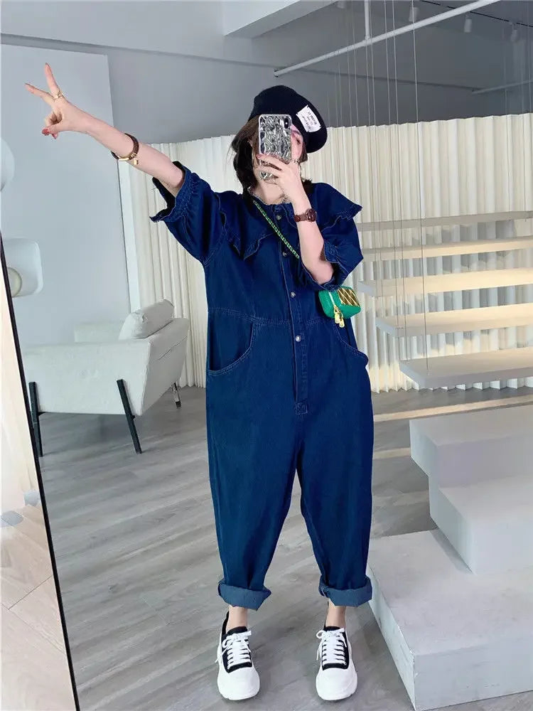 Jumpsuits Women 2022 New Fashion Autumn Spring Jeans Doll Collar Solid  Full Length High Waist Loose Jump Suits for Women Badiee Stylez