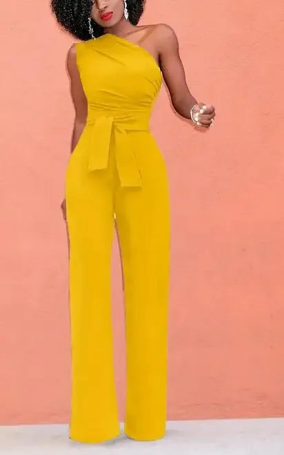 Women's Jumpsuit Solid Skew Collar Crop Top Straight Pants Belt Sexy Sleeveless Loose Pants Elegant Charming Playsuits 2024 Badiee Stylez