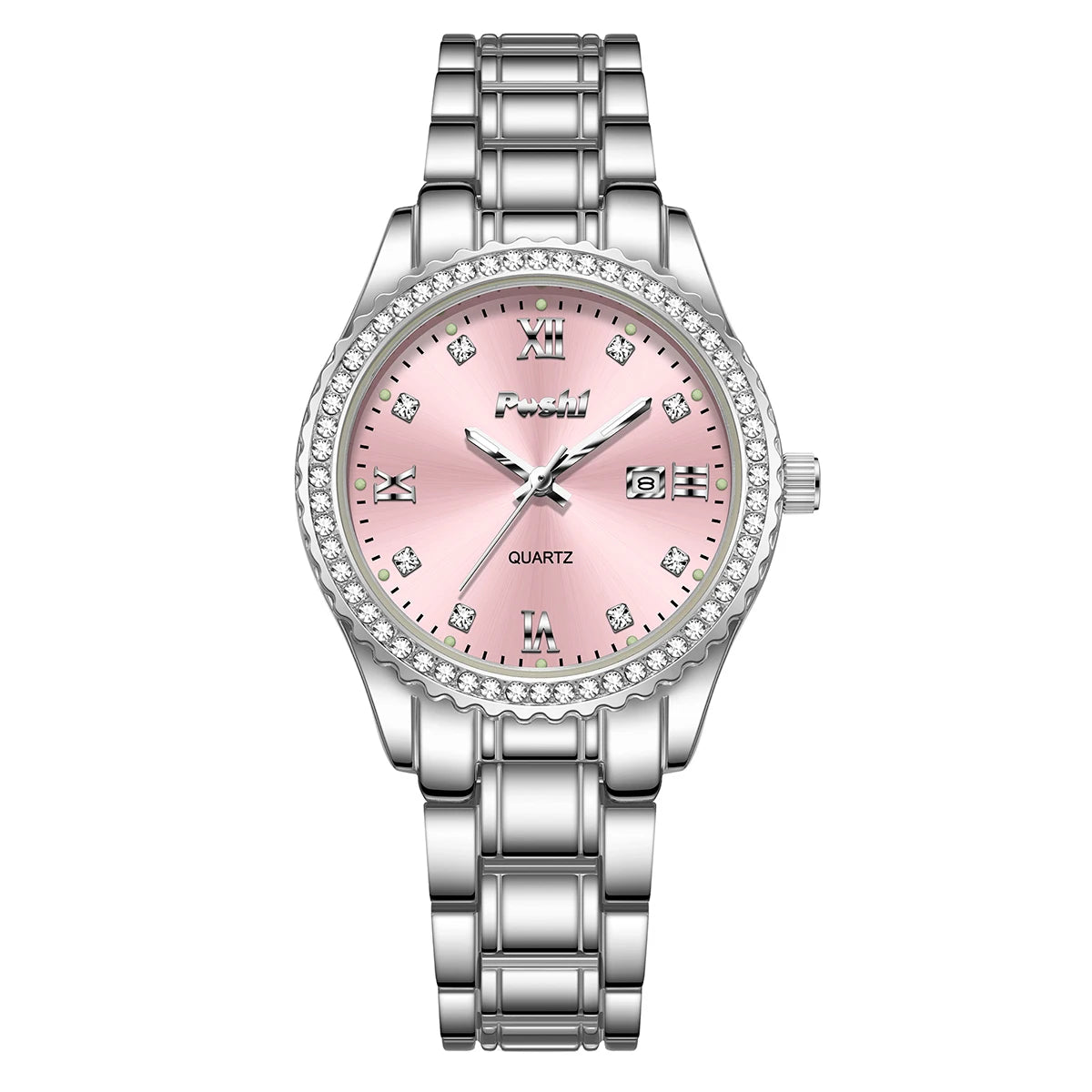 POSHI 990 Fashion Women Watch Elegant Business Quartz Wristwatch Lady Casuan Dress Watches With Date Display Original Clock silver pink