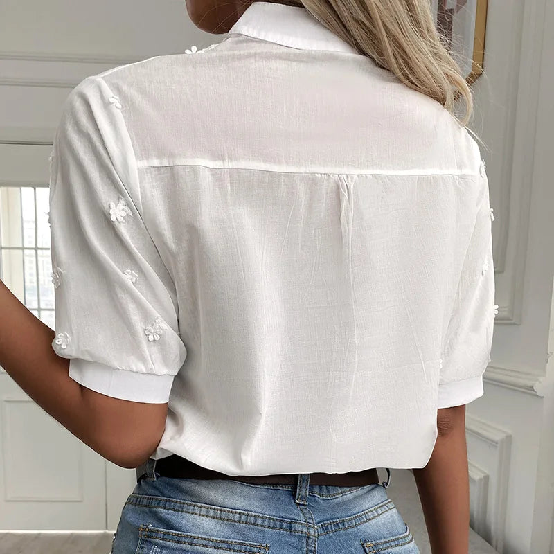 Summer Floral Embroidery Lace Blouse Fashion Women V Neck Casual Shirt Chic Short Sleeve Hollow Out Tops Elegant Blusas 24350