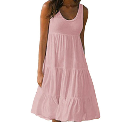 Women Casual Solid Mini Dress 2024 Summer Elegant Sleeveless Ruffles Loose Short Dress Beach Party Sundress Oversize Streetwear Pink