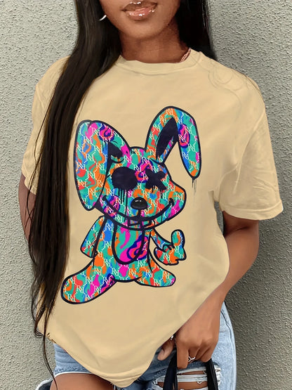 Plus Size Women's Cartoon Rabbit Print T-shirt, Casual Crew Neck Short Sleeve Summer T-shirt, Ladies Cute O-Neck Clothing T1223-028