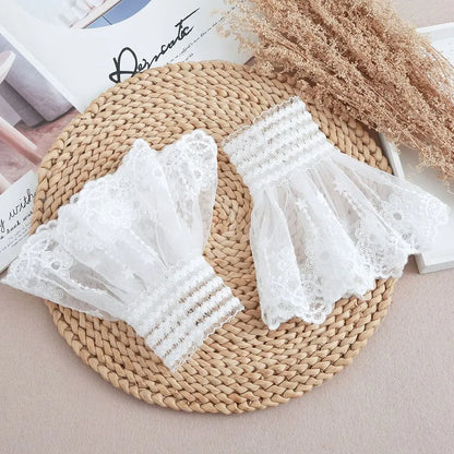 1Pair Detachable Cuffs Lace Flower Mesh Fake Flared Sleeves Double Layer Pleated Ruched False Cuffs Sweater Blouse Wrist Warmers Badiee Stylez
