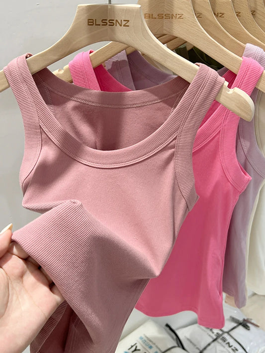 zjaiss Women Solid Round Neck Ribbed Tank Top Camisole Women 2025 Summer Basic Elastic Tank Top O Neck Solid Tank Top Pink peach