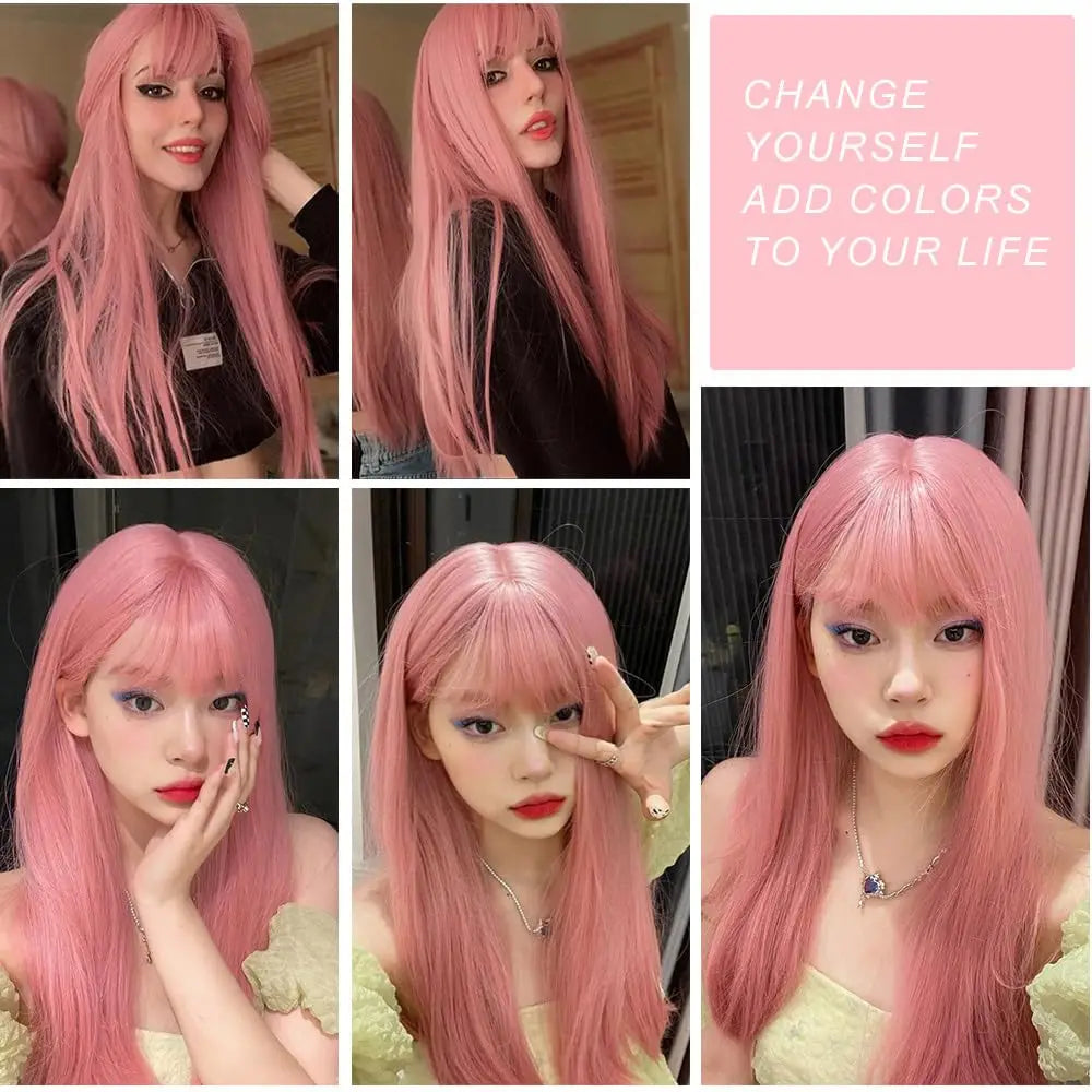 Pink Long Straight Synthetic Wig Air Fringe White Woman Daily Cosplay Party Heat Resistant Full Headgear For Halloween