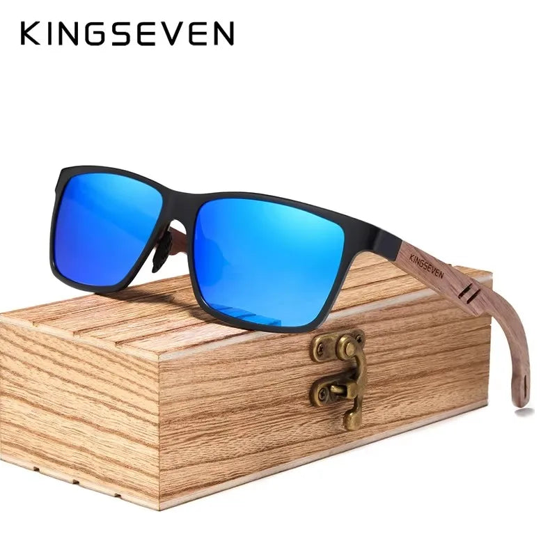 KINGSEVEN Vintage Polarized Men Wooden Sunglasses Wood UV400 Protection Fashion Square Sun Glasses Women Gafas De sol Blue WoodenBox