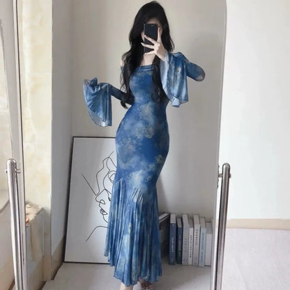 Large Size Fat Mm Charming Temperament Pure Sexy Hot Girl with One Shoulder Waist Slim Hips and Fish Tail Long Dresses