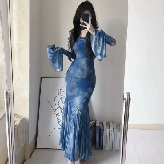 Large Size Fat Mm Charming Temperament Pure Sexy Hot Girl with One Shoulder Waist Slim Hips and Fish Tail Long Dresses