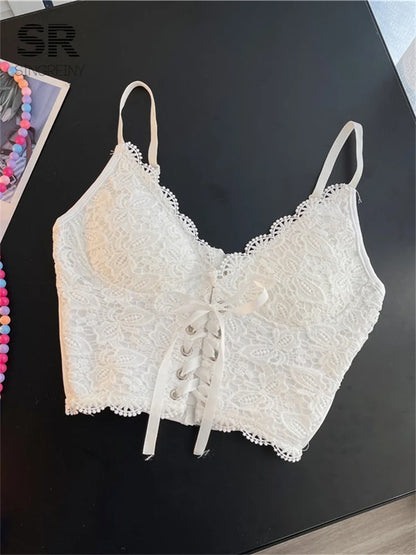 SINGREINY Sexy Lace Strap Crop Tops For Women Fashion Sleeveless Design Corset Bustier Party Top Summer Bralette Short Camisole