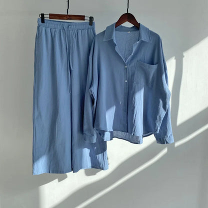Pants Set Women Shirts Wide Leg Elastic Waist Cotton Linen Casual Sets Elegant Loose Long Sleeve Lapel Spring Shirt Y2k Suit