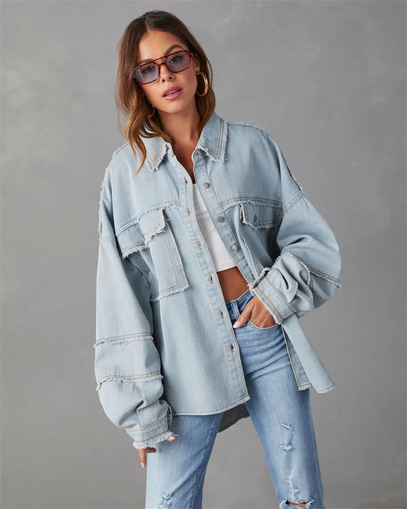 2025 Spring Autumn Shirt Style Denim Jacket Women Holes Raw-edges Jeancoat Casual Tops Female Oversize Loose Outerwear 7 Colors