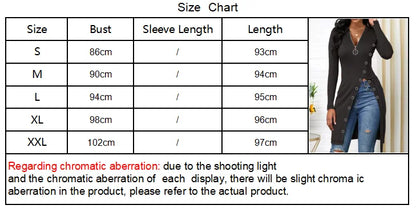 New European and American Women's V-neck Long Sleeve High Slit Threaded Zipper T-shirt Tops