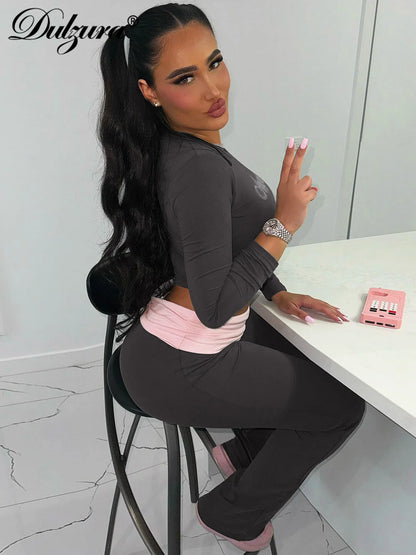 Dulzura Women’S Sexy Casual 2 Piece Pants Set Long Sleeve Letter Print Bodycon Crop Top And Flare Pants Matching Set Streetwear