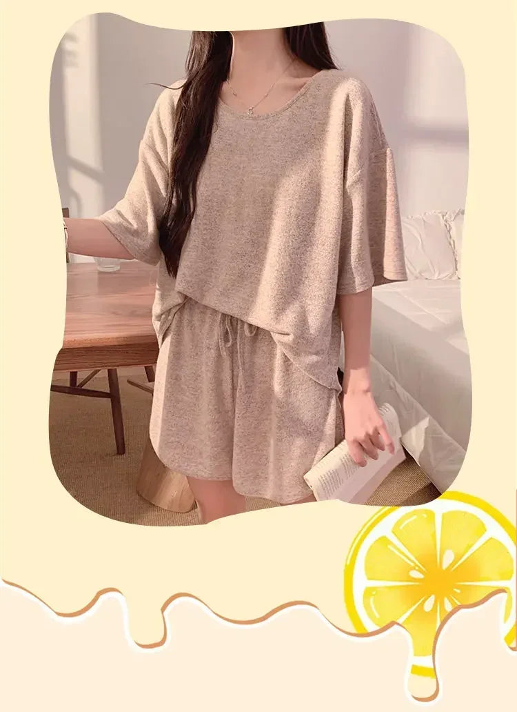 Hot with Chest Pad Pajamas Women 2025 New Summer Pure Cotton Short sleeve Shorts Set Spring and Autumn Loose Homewear