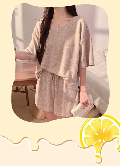 Hot with Chest Pad Pajamas Women 2025 New Summer Pure Cotton Short sleeve Shorts Set Spring and Autumn Loose Homewear
