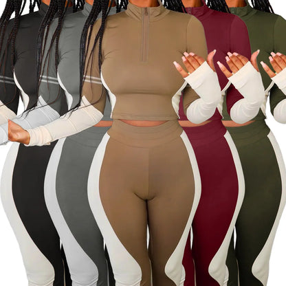 Y2K Color Matching Women'S Set Sweatsuit Two Piece Outfits Ladies' Standing Collar Sports Suit Slim Fit Long Sleeved Long Pants Badiee Stylez