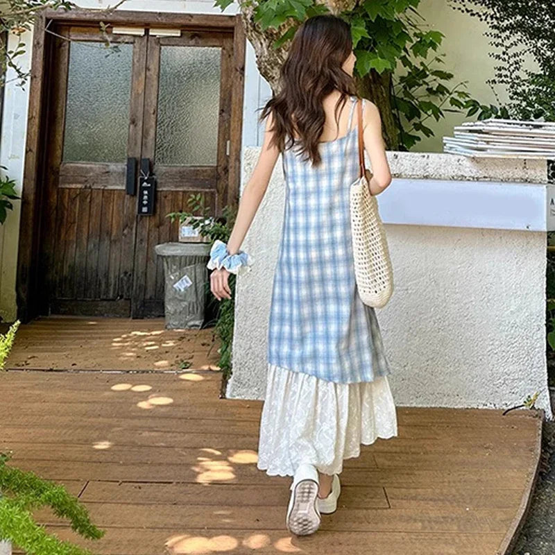 Women Plaid Fake Two Piece Suspender Dress Women Summer Retro Loose Long Lace Patchwork Plaid Sleeveless Dress for Women 2025