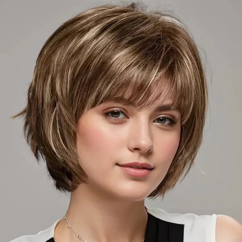 Women's Fashion Bob Hair Short Blonde Bob Wigs with Bangs Black Roots Straight Synthetic Ombre Hair Party Wig for Lady #2 CHINA