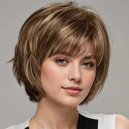 Women's Fashion Bob Hair Short Blonde Bob Wigs with Bangs Black Roots Straight Synthetic Ombre Hair Party Wig for Lady #2 CHINA