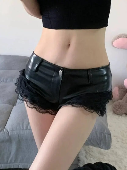 Leather Tight Skinny Black Low Rise Waist Female Short Pants Women's Shorts Booty Sexy Micro Mini Lace Coquette Casual Wholesale