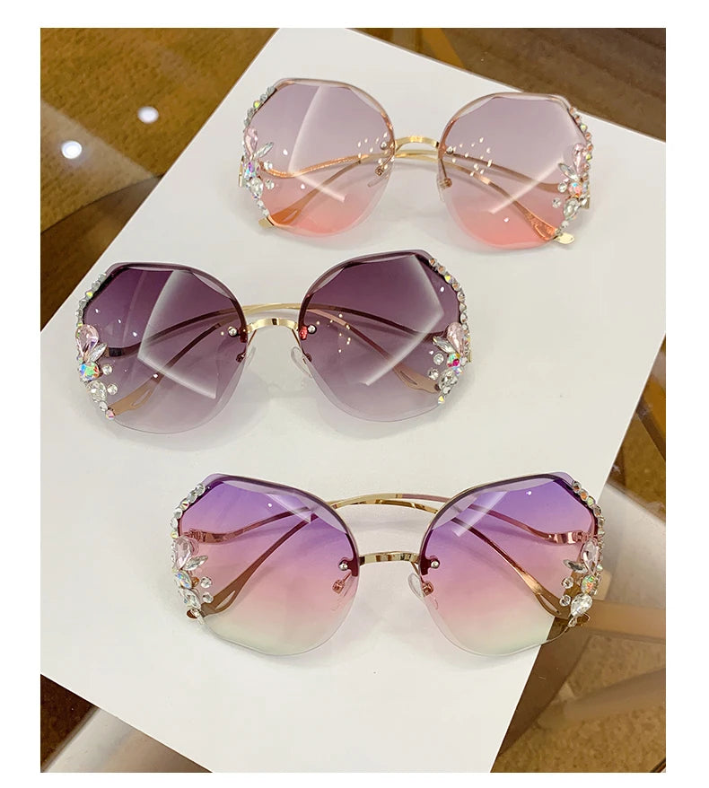 Women's New Diamond-encrusted Sunglasses Rimless Cut Edge Sunglasses Big Face Slimming Sunglasses