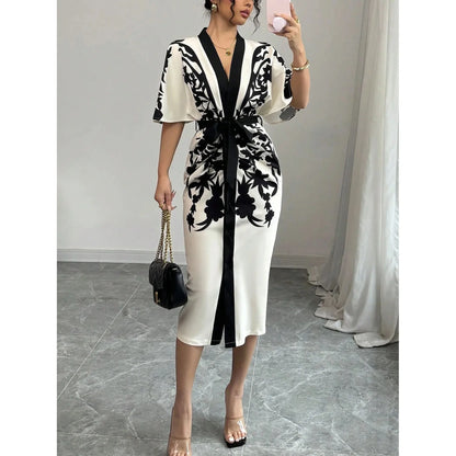 Women's elegant temperament V-neck A-line party dress 2025 new half sleeved printed lace up waist dress