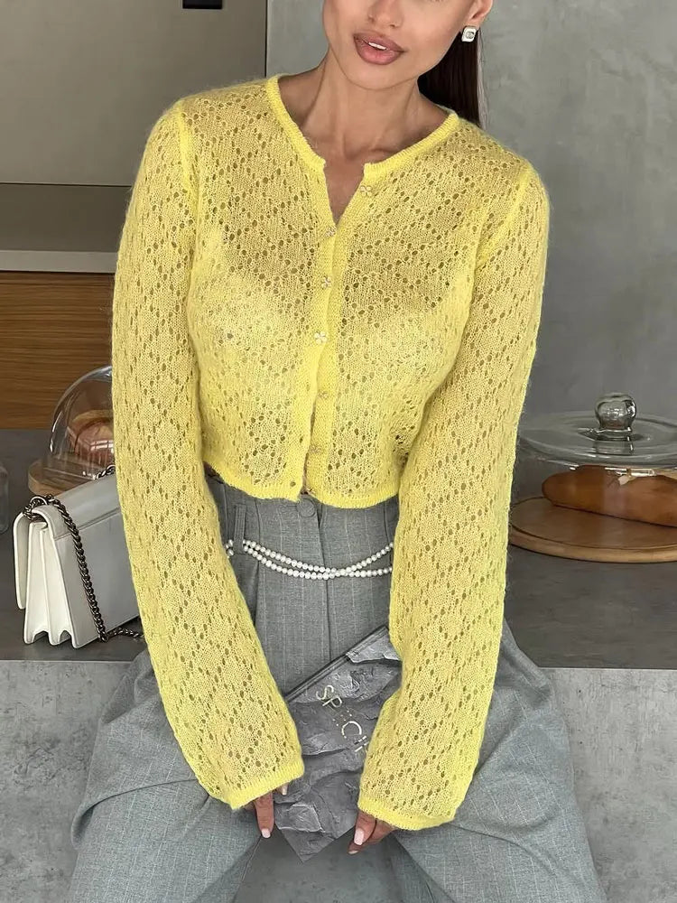 Tossy Summer Knitwear Hollow Out Cardigan Female Long Sleeve Casual Cropped Top Patchwork See-Through Knit Cardigan Outwear 2025