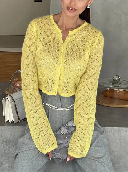 Tossy Summer Knitwear Hollow Out Cardigan Female Long Sleeve Casual Cropped Top Patchwork See-Through Knit Cardigan Outwear 2025