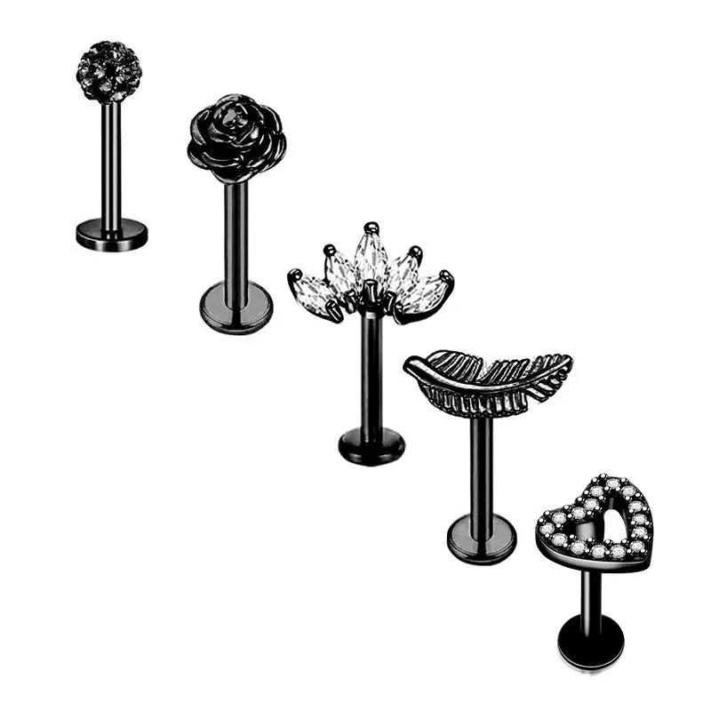 5PCS Flower Tragus Piercing Set Flat Back Cz Cartilage Stud Earring Helix Jewelry Conch Rook Stud Lot Labret Lip Piercing Bulk 5PCS Set6
