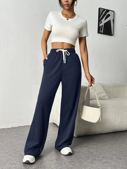 Casual Wide Leg Sports Pants for Women Casual Straight Leg Loose Solid Color Elastic Drawstring High Waisted Wide Leg Pants