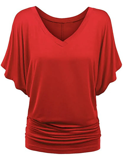 Women V Neck Short Sleeve Pleated Loose T-shirts Summer Lady Batwing Sleeve Oversized S-5XL Tee Shirt Tops OUYMFZ-A1375 Red