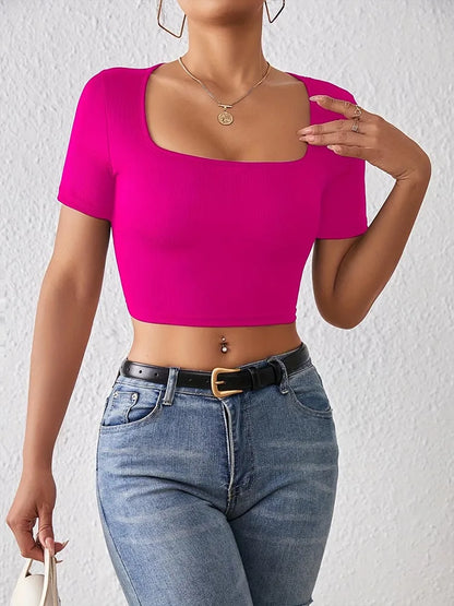 Solid Square Neck Crop T-Shirt Y2K Sexy Short Sleeve T-Shirt For Spring & Summer Women's Clothing Rose Red