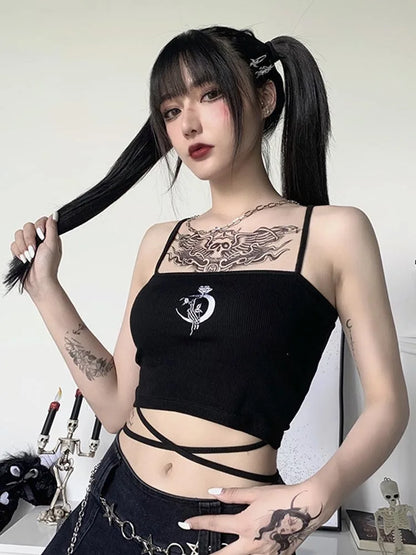 Gothic Women's Print Suspender Sleeveless Square Neck Slim Crop Top Sexy Halter Bottoming Shirt Girls Party Wear