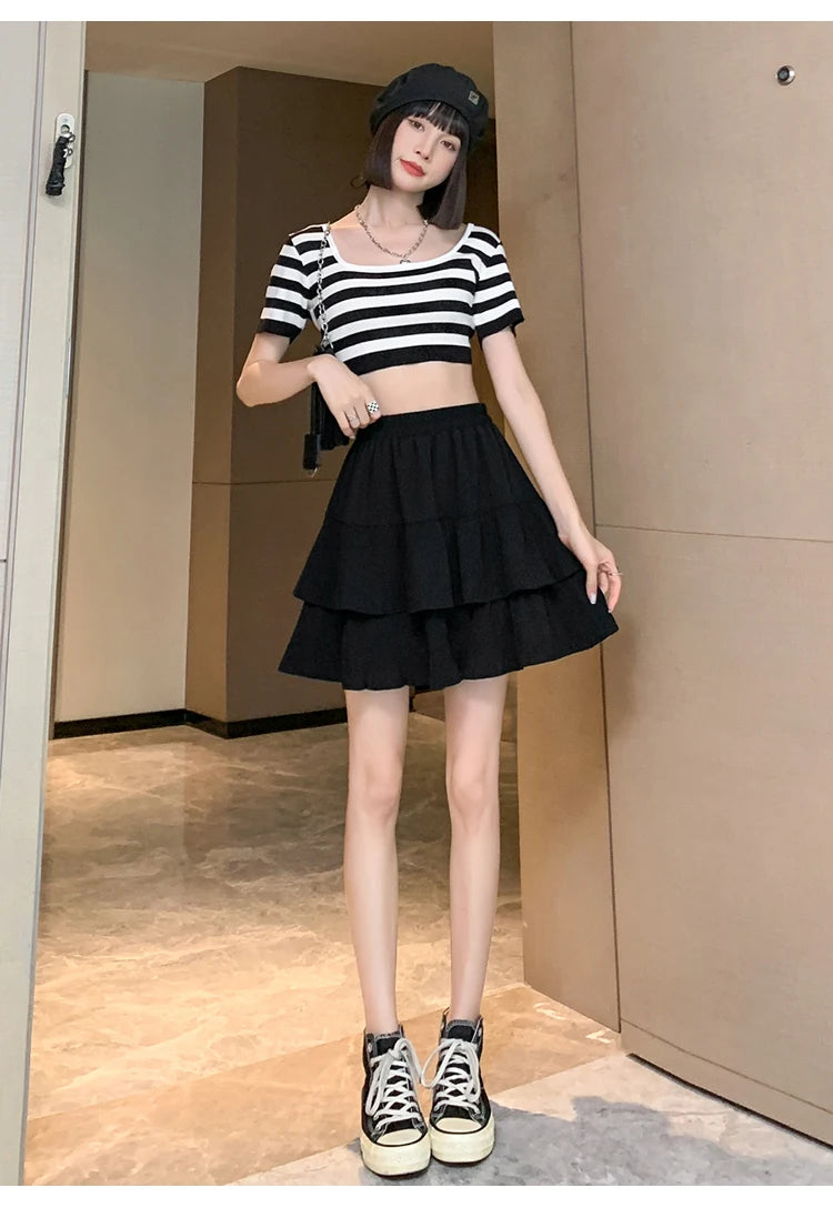 Casual Summer Ball Gown Pleated Skirts Women 2024 Korean Fashion Clothing Faldas Largas High Waist Black White A Line Mini Skirt