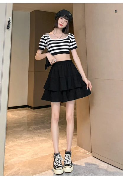 Casual Summer Ball Gown Pleated Skirts Women 2024 Korean Fashion Clothing Faldas Largas High Waist Black White A Line Mini Skirt