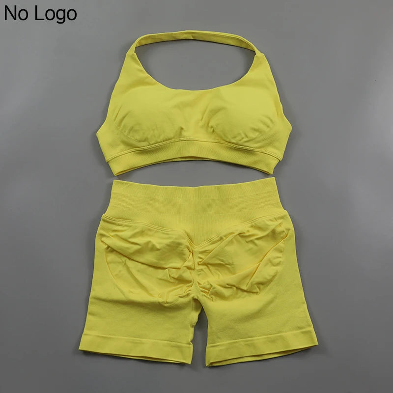 Fitness Shorts Sets Seamless Yoga Set Women 2Pcs Halter Sports Bra Scrunch Butt Gym Shorts Set Workout Clothes Summer Sportswear Badiee Stylez