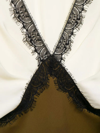 TRAF women's V-neck short sleeved autumn new item 2025 contrasting lace silk texture MIDI dress long  French evening dress Badiee Stylez