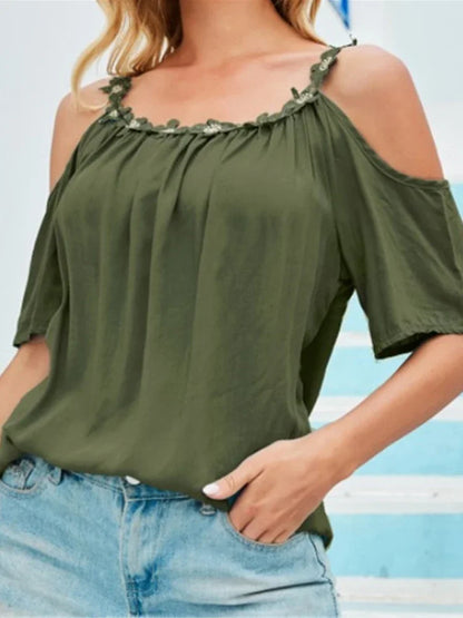 Fashion Summer Off Shoulder Women Blouse with Lace Flower 2025 Short Sleeve O-neck Shirt Sexy Lady Solid Top Loose Clothes 24933