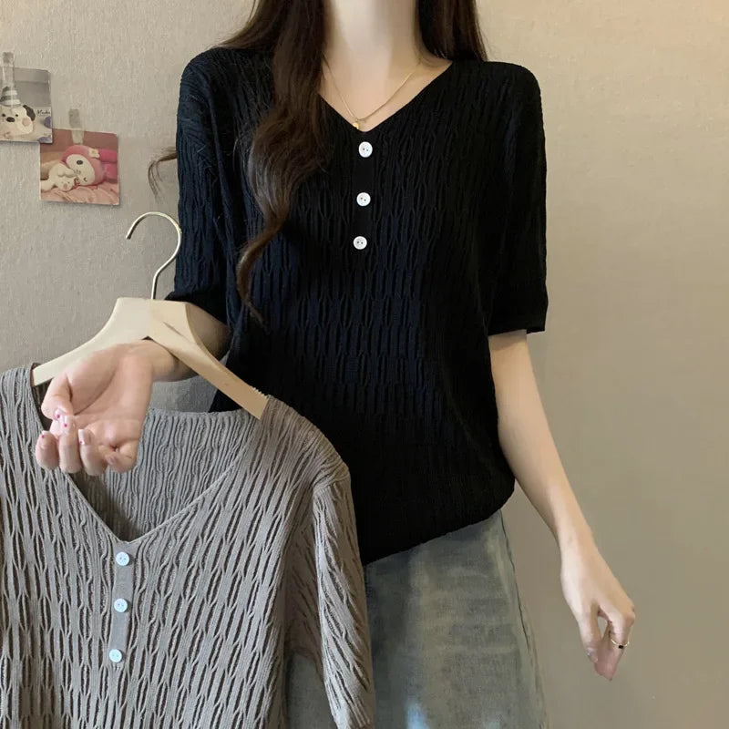 Plus Size Women's Summer New Style Slim Fit Knitted Top Belly Covering T-Shirt for Plump Sister V-Neck Big Code Sweater