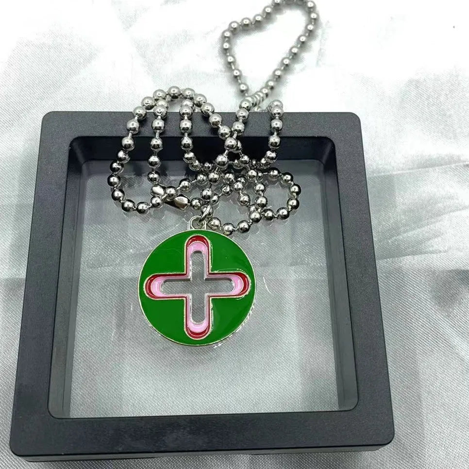 New Trendy Brand Cross Round Brand Dripping Oil Pendant Necklace Hip Hop Niche Design Personality Net Red Same Necklace new green