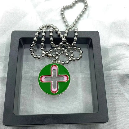 New Trendy Brand Cross Round Brand Dripping Oil Pendant Necklace Hip Hop Niche Design Personality Net Red Same Necklace new green