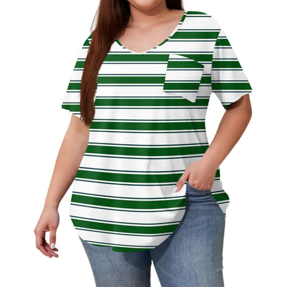 Plus Size Casual striped T-shirt For Women V neck short sleeves Loose Tops With Pocket Summer Daily Casual Plus Size Women's Top