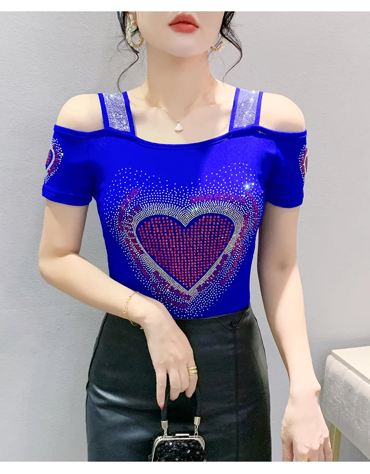 Aoxison Summer Short Sleeved Women's T-Shirt Elegant Slim Shiny Love Heart Diamonds Mesh Tops Chic Girl Sexy Off Shoulder Tees
