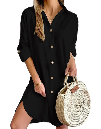 Elegant Women's White Spring And Autumn Casual Long Sleeved Lapel Button Up Shirt Dress 2024 Fashionable Woman Loose Mini Dress Badiee Stylez