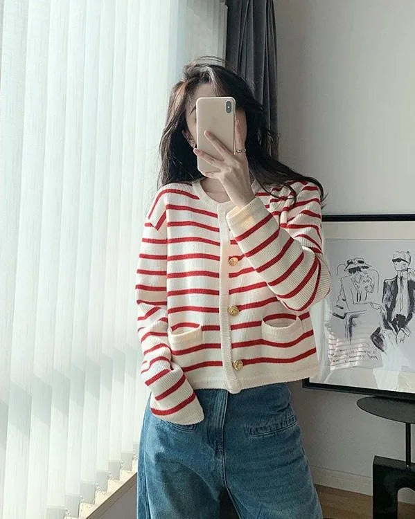 Stripe Knitted Cardigan Women Spring Autumn O-neck Single Breasted Long Sleeve Crop Tops Fashion Casual Chic Female Sweaters Badiee Stylez