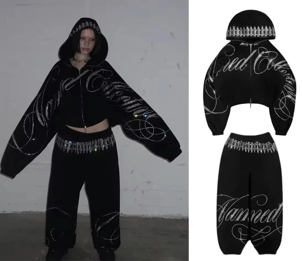 Retro Sequined Short Zipper Hoodie Sweatpants Two Piece Set Y2K Sportswearletter Sequined Oversized Sweatshirt Casual Pants Suit
