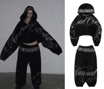Retro Sequined Short Zipper Hoodie Sweatpants Two Piece Set Y2K Sportswearletter Sequined Oversized Sweatshirt Casual Pants Suit