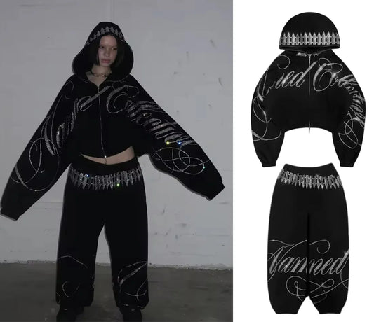 Retro Sequined Short Zipper Hoodie Sweatpants Two Piece Set Y2K Sportswearletter Sequined Oversized Sweatshirt Casual Pants Suit